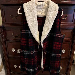 Shearling Collar With Wool Plaid Long Vest - Size PM